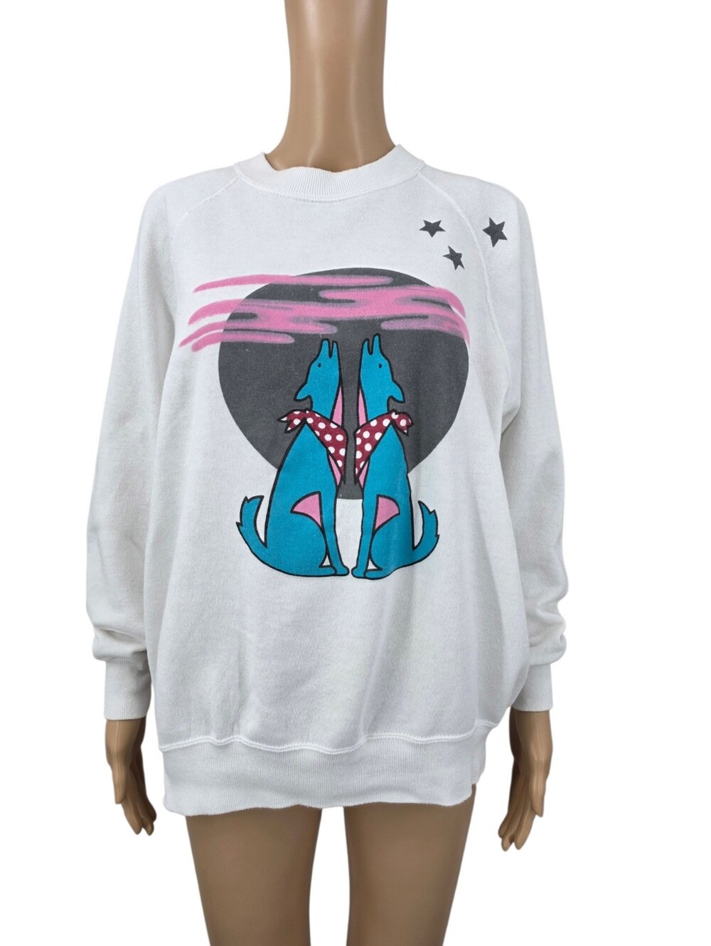 Vintage 80s Vistas De Santa Fe White Crewneck Sweatshirt Pink Teal Wolves